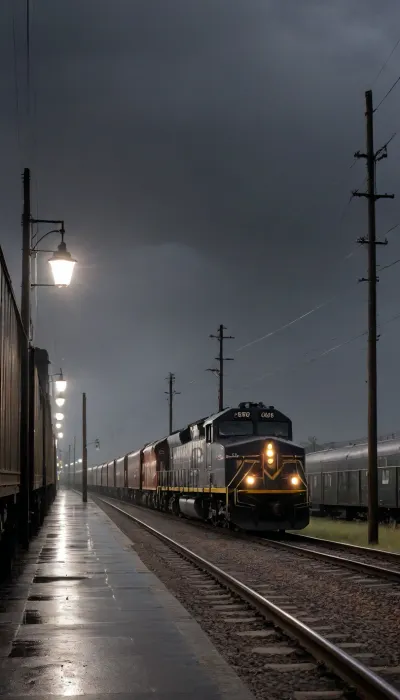 A freight train sorting station, the autumn grayness of drizzling rain, a dark sky full of black clouds, and a dim lantern barely illuminating the freight cars