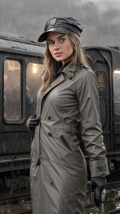 The marshalling yard of a freight train, the autumn grayness of drizzling rain, the dark sky covered with black clouds, and a dim lantern barely illuminating the freight cars, the girl driver standing on the train's running board peering into the distance, wearing a driver's cap on her head, completely naked