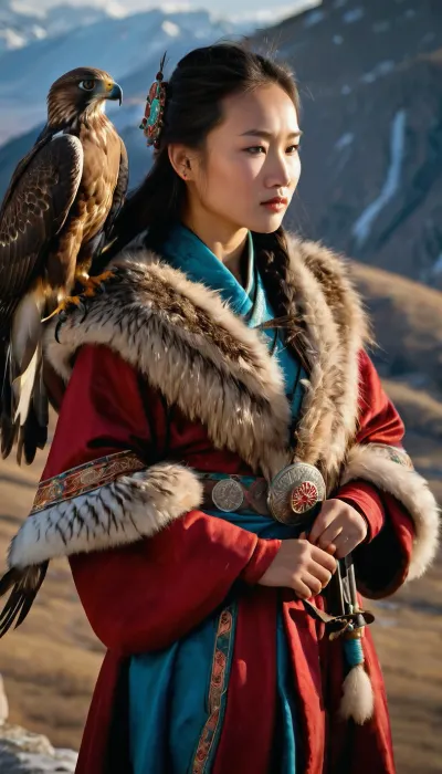 Incredibly realistic image, full colour image, full body view, 8K quality, ultra detailed, masterpiece, 19-year-old beautiful Mongolian girl, ((wearing traditional Mongolian clothing of fur and silk)), bare tits, ((she has a hunting hawk perched on her forearm, on a falconer's glove)), standing over a cliff in the mountains, ((the valley below swirling with mist))
