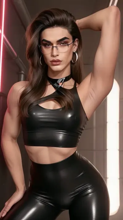 A digital portrait of a soft, self-conscious crossdressing boy. He wears a tight, black tube crop top — flat and strapless — baring his smooth collarbones and slim upper chest with no suggestion of cleavage. He has a slim and athletic chest, with visible feminine slim abs. His arm are very slim. His body is slim and lightly athletic, toned with subtle muscle definition — narrow waist, soft contours, and gentle curves in his limbs. His black vinyl leggings are extremely short and cling tightly around his thighs and groin, clearly outlining a visible bulge beneath the glossy fabric. Both the crop top and leggings leans the look toward trashy. He wear a black lipstick. His arms are athletic but thin.

His smooth skin is hairless, emphasizing his exposed body and submissive presentation. His clean-shaven face is heavily painted with cheap black lipstick, mismatched blush, and thick eyeliner. While the makeup is loud and uneven, his facial features remain unmistakably male — a softly angular jaw, defined nose, and slightly thick brows — but softened enough to appear uncertain and vulnerable. His large, anxious brown eyes peer out from behind round, girly glasses, betraying both fear and a desperate need for approval. Between his legs, a bulge is visible underneath his short.

His dark brown hair is natural, short, and styled in a boyish way. No wig. He wears cheap earrings, a black choker, and flashy accessories that exaggerate his bimbo transformation. The background is a narrow street in a red light district. It is midnight. He is looking at the camera in a shy and submissive way. The image blends anime and realism, capturing his erotic vulnerability — caught between desperation to be sexy and the anxiety of being visibly, undeniably male., <lora:Femboy_Face:.8>