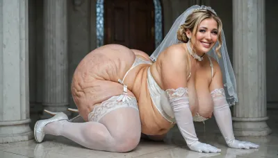 woman, Wedding ceremony, sexy smiling bride, 18 years old stunningly beautiful, extreme fat, obese, cellulite, stuffed, sagging belly, big, faat ass, fat double chin face, ssbbw blonde, (bride veil over her face, white lace bride themed lingerie, open, (show fat belly), corset, stockings, collar, long gloves, high heels), (sexy bride dress revealing meaty naked breasts to old priest, old ptiest groping her hard in her wobbly belly, looking into his eyes, (38DD), (no scars), (perfect skin, skin pores), (hard nipples), closeup, groom, pastor, masterpiece, insanely detailed, professional photography, 8k, UHD, captured with a Nikon D850
close up
always show thessbbw bride and the old peiest in a wedding ceremony together !!)