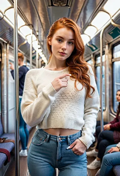 Slim 20 yo Student, redhead, 170 cm, 50 kg, medium long hair with hair bun and view wisps, grey eyes, slim face with some freckles on nose and cheeks, natural round breasts, b-cup, slim hips, rounded butts, Wearing a white knitted pullover and blue jeans, white socks, sneakers, Standing in a crowded train, facing the camera, full body view, taking a selfie