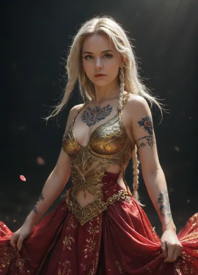 a stylized and elegant female fighter inspired by King of Fighters style, wearing a vibrant costume with traditional Mexican dress elements, infused with catrina symbolism, floral and bone-like gold armor details, long braided white hair, glowing violet eyes, tattooed face with decorative skull motifs, standing on a floating lotus flower, dynamic pose, fantasy warrior with mystical energy, purple and gold color palette, anime-style character design, mythmaker Irelia vibes, highly detailed, sharp cel-shaded anime lighting, ornate fabric textures, dramatic spotlight, dark background