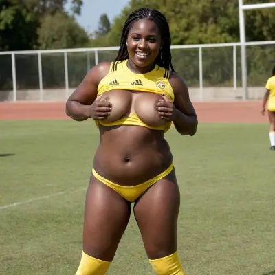 A bright very hot sunny day, on a well-manicured soccer pitch. A naughty, chubby, laughing, Cameroonian, African female athlete type, ((very dark black skin)), standing, very long braids, lifting a yellow football jersey, flashing her magnificent, (black nude huge natural saggy tits), (huge dark areolas), big dark nipples, ((sexy yellow sports panties)), yellow football long socks, black Adidas sneakers, ((full body shot)), full frontal, very realistic scene, high-resolution photo., shirtlift, <lora:shirtlift_SDXL_v2:1>