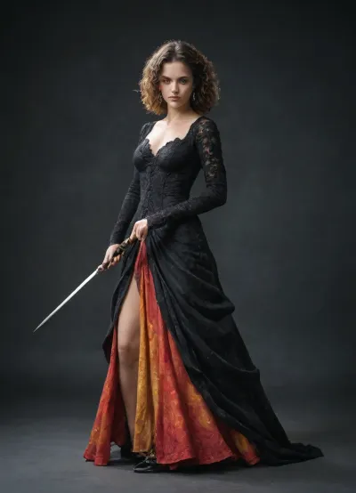 Full-body portrait of Marvel’s Magik in her original yellow and black costume, dynamic stance, wielding her Soulsword, expressive watercolor and ink illustration, vibrant colors, detailed ink linework, elegant and fluid brush strokes