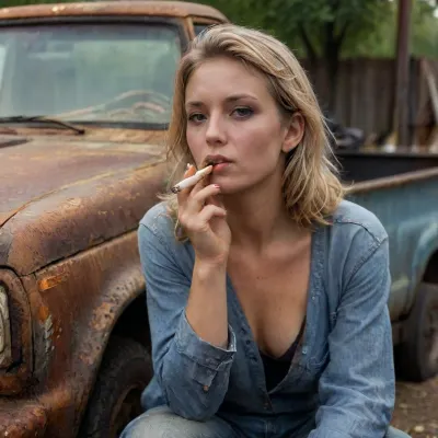 A chubby sweaty blonde realistic woman mechanic smoking a cigarette next to a rusty 1979 Ford pickup truck. Her skin is smeared with grease and smudges of dirt., average, amateur, imperfect skin, uneven skin tone, dirty skin, sweaty skin, no makeup, blemishes, corrosion, rust, smokinglora, badquality, low, quality, <lora:polyhedron_corrosion-000007:1>, <lora:smoking_v2:2>, <lora:badquality_v02:2>, <lora:Sweaty_Realism_4-000006:2>