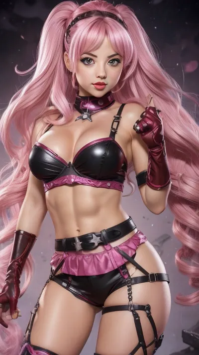 ((Maria Rose)), kimberly, ann, possible, 1girl, abs, hair, breasts, fingerless, gloves, large, lips, long, pose, solo, thighs, toned, full, body, chibi, <lora:blindbox_v1_mix:.1>, <lora:KPV1:.1>, <lora:natural_hairy:1>