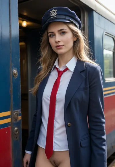 A rural railway station, a train conductor standing in the doorway of a train car, her long, disheveled hair hanging down to her shoulders, dark blue conductor's coat completely open, her athletic, naked body illuminated by the morning sun, her eyes squinting in the light, and a gentle smile on her face, a red tie around her neck, a white blouse open, and a blue conductor's cap on her head, score_9, score_8, ((flat chest)), pussy view, show pussy