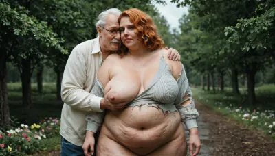 horny, old man with a small cock gropes a Super fat, obese, cellulite, ssbbw milf in her wobbly, sagging belly-she screams in horror, big fat ass, chubby round double chin face, extremely wide hips. Natural ginger hair, long hairstyle. in oversized, torn sweater-dress, (one breast out), . old man fucks a fat ssbbw by tree, around flowers. After rain. Old, Man, <lora:OldMan:.8>