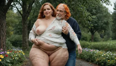 horny, old man with a small cock gropes a Super fat, obese, cellulite ssbbw milf in her wobbly, sagging belly-she looks anixous and frightened, big fat ass, chubby round double chin face, extremely wide hips. Natural ginger hair, long hairstyle. in oversized, torn sweater-dress, (one breast out), . old man fucks a fat ssbbw by tree, around flowers. After rain. Old, Man, <lora:OldMan:.8>
