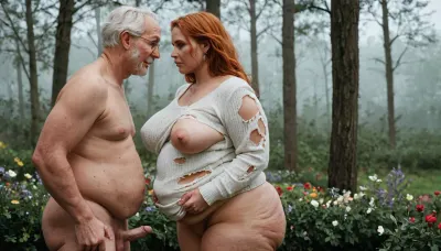 horny, old man with a small cock gropes a Super fat, obese, cellulite ssbbw milf in her wobbly, sagging belly-she looks anixous and frightened, big fat ass, chubby round double chin face, extremely wide hips. Natural ginger hair, long hairstyle. in oversized, torn sweater-dress, (one breast out), . old man fucks a fat ssbbw by tree, around flowers. After rain. Old, Man, <lora:OldMan:.8>, side view