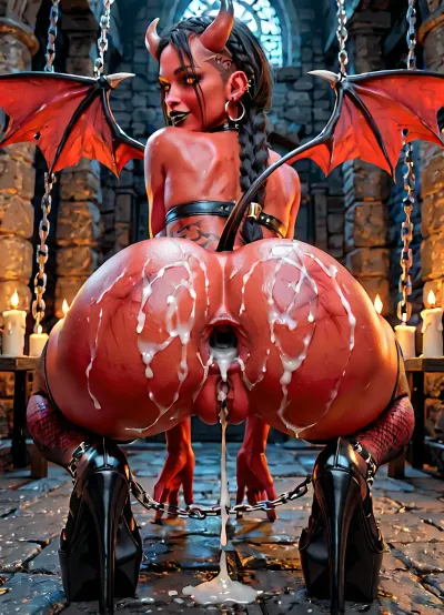 Best quality, masterpiece, UHD, 4K, dungeon background, chains on the walls, torture room, candles, cultic interior, one female succubus, black succubus tail, hourglass body, black demonic wings, showing ass, (whip marks on ass:1.1), wearing fishnets stockings, (demonic armored heels:1.2), (demonic black breast armor:1.2), no panties, (gaping asshole:1.2), cum on asshole, chain inside asshole, feminine face, long black braided hair, (face and body piercing:1.2), (demonic tattoos on whole body:1.2), (red skin tone:1.2), beautiful face, demon look, red eyes, horns, big teardrop shaped tits, big round ass, perfect shaped buttcheeks, wide hips, hipdips, 4ng3l, face, <lora:add-detail-xl:.8>, <lora:SDXL_BetterFaces-LoRA_v1:.8>