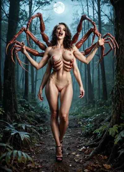 Cinematic still, full body shot, best quality, perfect quality, maximum quality, 8k, photorealistic, real, nude, a sexy but scary giant monster ab0m centipede woman, body horror, terrifying, extra limbs, tentacles, fangs, high heels, straight hair, caucasian, pale skin, (((perfect face, beautiful face))), standing in a dark spooky forest, cinematic lighting, (night), moonlight, sharp focus, score_9_up, orgasm, ab0m, <lora:ab0m:2>