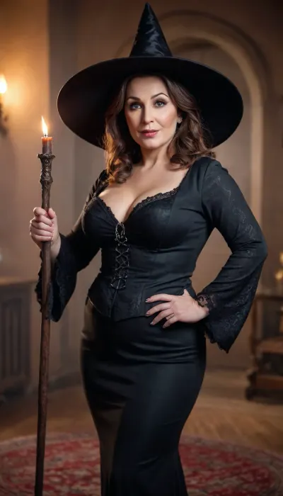 Cute mature woman with curvy curves stands witch canser