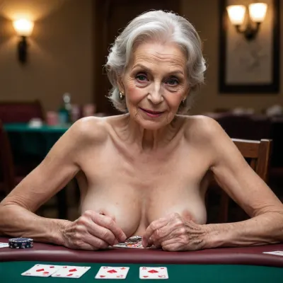 beautiful sexy slender 85 year old wrinkled white woman posing topless holding cards but with fully exposed breasts showing large, very dark areolas. The cards are facing her at a Poker table. The table is low enough so breasts are fully in view. She is looking at her cards and blushing. no makeup, Brown eyes, ponytail, busty. perfect fingers.