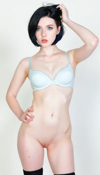 A 28 years old japanese woman, embarrassed, (wearing white brassiere), naked pussy, large black socks, one hand touching her hair and the other hand on her waist, very white and pale skin, big lips, blue eyes, thin, inverted bob cut, square face, black hair, white background, freckles, masterpiece, highest quality, insanely detailed photo, detailed skin texture, middle body view, small lips
