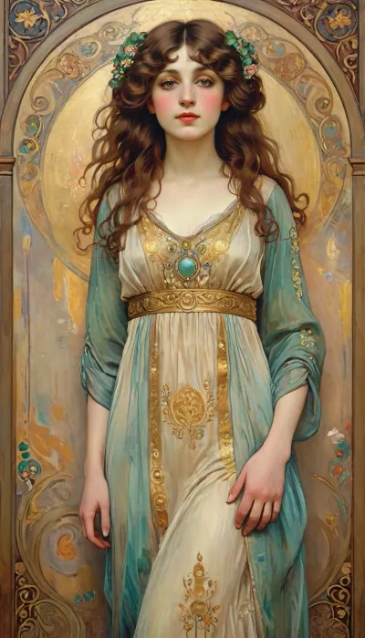 a beautiful woman oil painted in the style of Gustav Klimt, art nouveau painting, intricate golden patterns, decorative mosaic background, flowing wavy hair, elegant pose, soft pastel colors with gold accents, stylized ornamental details on dress and background, serene expression, harmonious composition, fine brush strokes, artistic and romantic atmosphere, modest clothing, rich textures, inspired by Klimt's portraits, style, of, Alphonse, Mucha, NEGATIVE_HANDS, <lora:tbh200-sdxl:.8>, <lora:Klimt_x_Picasso__Amalgamation_Style_SDXL:.8>