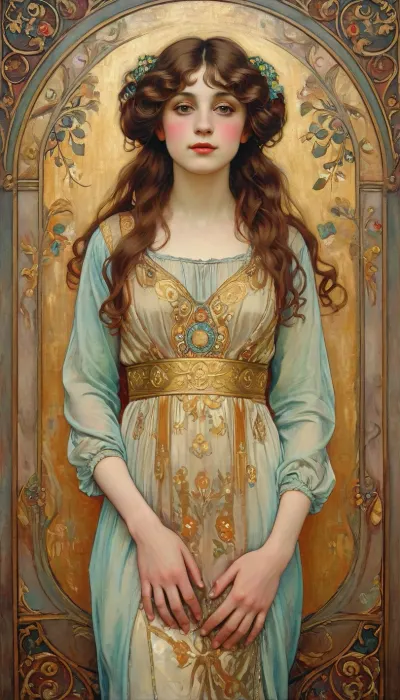 a beautiful woman oil painted in the style of Gustav Klimt, art nouveau painting, intricate golden patterns, decorative mosaic background, flowing wavy hair, elegant pose, soft pastel colors with gold accents, stylized ornamental details on dress and background, serene expression, harmonious composition, fine brush strokes, artistic and romantic atmosphere, modest clothing, rich textures, inspired by Klimt's portraits, style, of, Alphonse, Mucha, NEGATIVE_HANDS, <lora:tbh200-sdxl:.8>, <lora:Klimt_x_Picasso__Amalgamation_Style_SDXL:.8>