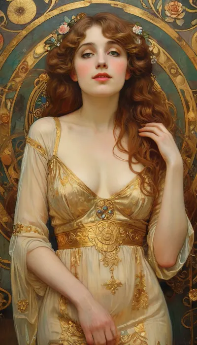 a beautiful woman oil painted in the style of Gustav Klimt, art nouveau painting, intricate golden patterns, decorative mosaic background, flowing wavy hair, elegant pose, soft pastel colors with gold accents, stylized ornamental details on dress and background, serene expression, harmonious composition, fine brush strokes, artistic and romantic atmosphere, no nudity, modest clothing, rich textures, inspired by Klimt's portraits, kl1m, style, of, Alphonse, Mucha, <lora:kl1m:.8>, <lora:tbh200-sdxl:.8>, NEGATIVE_HANDS