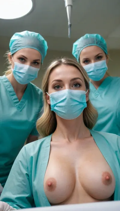Sexy sensuous surgeons wearing masks and scrubs with open jackets revealing natural naked breasts, surgery, wielding scalpels, surgical caps, surgical assistants, surgical lamp, patient, operating table, view from below, woman out of frame