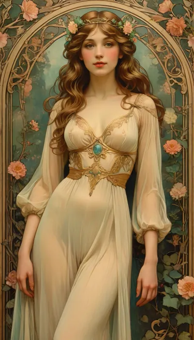 Rating_explicit, illustration of a beautiful woman in an art nouveau style garden, surrounded by blooming flowers and vines, semi-nude, dark triangular pubic hair, delicate floral crown, soft pastel colors, long wavy hair, serene and elegant expression, graceful pose, golden decorative elements around her, romantic and dreamy lighting, art nouveau background with ornate lines and natural curves, fine art photography, highly detailed, magical and ethereal atmosphere, soft focus on edges, style, of, Alphonse, Mucha, <lora:ac_neg1:.5>, <lora:tbh200-sdxl:.8>, ccxl-mucha, <lora:ccxl-mucha_lora_vA1:.8>