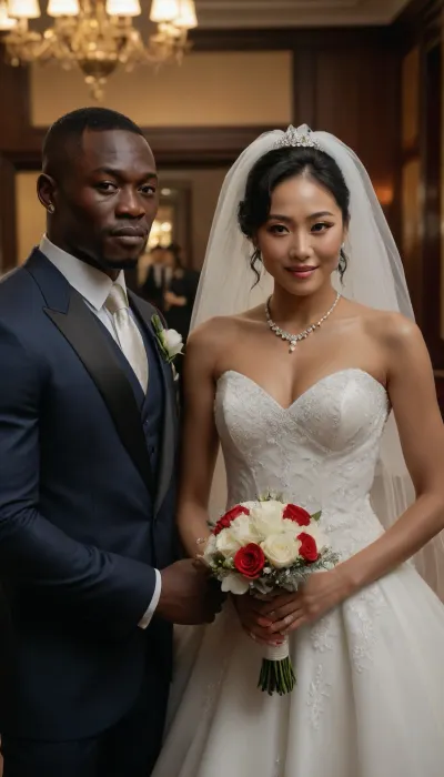 masterpiece, luxury wedding hall, (60 years Korean old MILF and 30yo muscled African thug gangster style male), girl fear face, black twins boys, wedding dress, wedding veil, best quality, smile, photorealism, neclace, wedding photo, closed up face photo