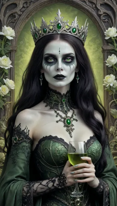 Art Nouveau style, a woman Looks like a Undead queen, ((Art Nouveau ornament of sculls, bones and white flowers)), ((drink green wine)), (((Undead King daughter, black makeup))), (((undead queen with green eyes))), novuschroma, style, <lora:124_novuschromaSXL_a4:.8>, Ivan, Bilibin, Style, page, <lora:Ivan Bilibin Style:.8>, umuw, undeadery, <lora:Undead_Madness_Unleashed_WoW_style_-_SDXL1.0:.8>