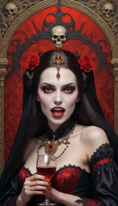 Art Nouveau style, a woman Looks like a vampire queen, ((Art Nouveau ornament of skulls, flowers, spiders)), (((drinks wine))), (((Dracula's daughter, two long sharp fangs))), (((vampire queen with red eyes))), novuschroma, style, <lora:124_novuschromaSXL_a4:.8>, Ivan, Bilibin, Style, page, <lora:Ivan Bilibin Style:.8>