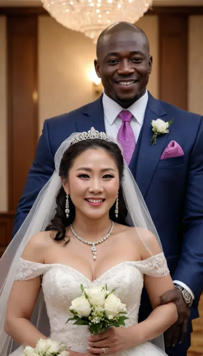 masterpiece, luxury wedding hall, (60 years Korean old MILF and muscled African thug gangster style male), wedding dress, wedding veil, best quality, smile, photorealism, neclace, wedding photo