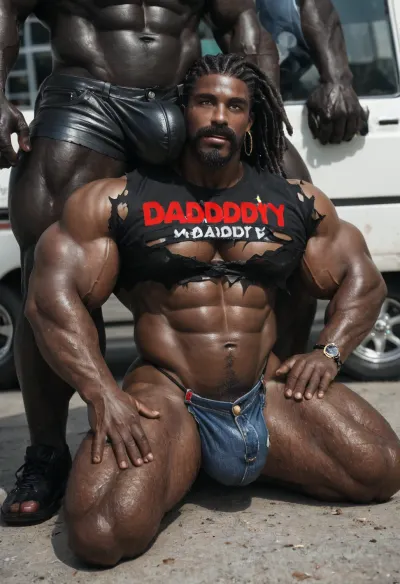 black daddy, 60-years-old, muscles, big pecs, big bulge, big booty, hairy body, full beard, big thick mustache, (dreadlocks:1), dark black skin, (black skin:1.7), (black daddy:1.5), body, denim, daisy duke short, denim short, thong apparent, torn crop top, sneackers shoes, kneeling, snapchat picture, kneeling on back truck, solo gay picture, from front daddy view, "fuck" sign fingers, look the viewer