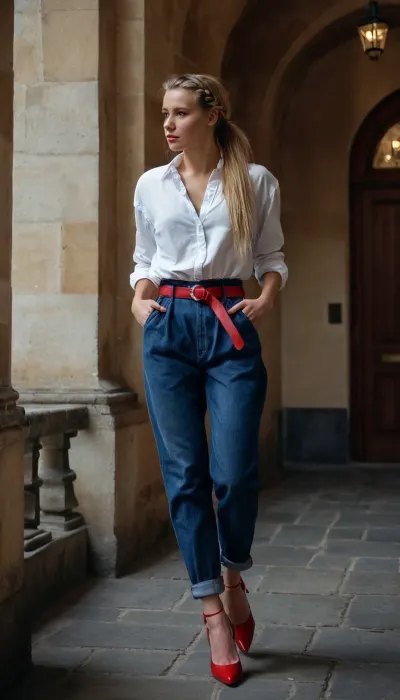 dark blue baggy paperbag slouchy jeans, very long hair, red belt, shoes, prague, slouchy style, ponytail, braided, blond hair, white blouse