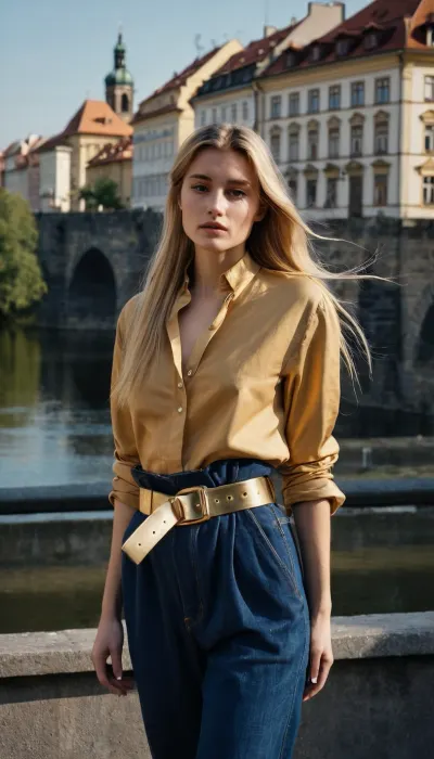 dark blue baggy paperbag slouchy jeans, very long hair, gold belt, prague, slouchy style, ponytail, blonde hair, gold blouse