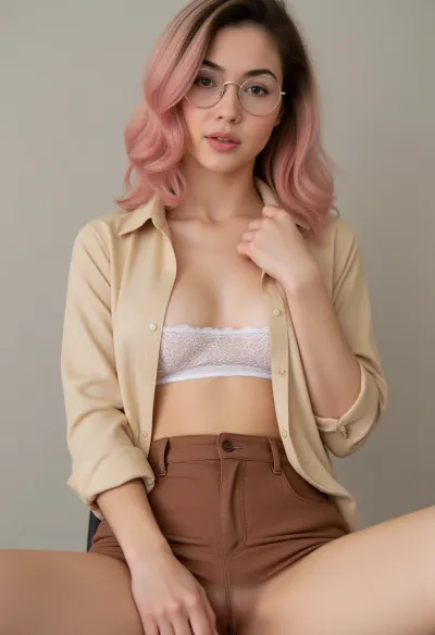 Generate a portrait of a person with long, wavy, pink hair and dark roots. The person should be wearing round, silver-framed glasses They are wearing a beige button-up shirt that is slightly open at the top, revealing a delicate lace undergarment underneath. She is in her early 30s, latina, with small perky breasts and small nipples, she has a round butt that's firm, she has minimal pubic hair, her hair flows down her chest just stopping below her breasts The shirt has long sleeves, which are rolled up to the forearms, giving a relaxed yet stylish look. The person is also wearing high-waisted brown shorts that complement the earthy tones of the outfit. Underneath she isn't wearing any panties. The neutral background ensures that the focus remains on the person's elegant and casual attire, highlighting the combination of neutral and earthy tones. She is sat on an office chair with her legs spread, her pussy is raw and swollen. The lighting in the image is soft and natural, casting gentle shadows and enhancing the overall aesthetic of the scene., <lora:758969_training_data:.5>, <lora:nwsj_flux0924:.5>