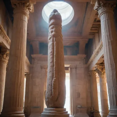 A monumental statue of an erect penis inside the center of a Grecian style temple.