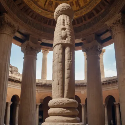 A monumental statue of an erect penis with hanging testicles inside the center of a Grecian style temple.