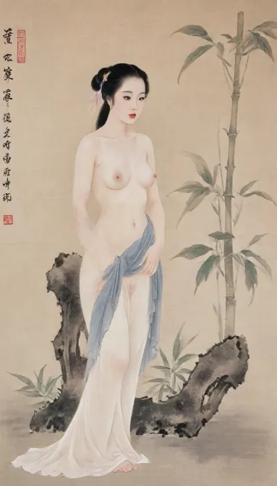 1girl, ancient Chinese female, (nude:1.5), (traditional Chinese gongbi painting style:1.3), (Chinese guohua style:1.2), delicate and intricate details, (elegant pose:1.2), standing gracefully, dense thick pubic hair, embarrassed, shameful expression, (long flowing black hair:1.2), (pale smooth skin:1.2), (subtle ink wash shading:1.3), (fine brushwork:1.3), (traditional Chinese art aesthetic:1.2), (minimalist background:1.2), (bamboo and orchid motifs:1.1), (soft muted colors:1.2), (calligraphic elegance:1.1), highres, ultra-detailed, 8k wallpaper, (realistic proportions:1.2), (solo:1.2), lora, (gongbiPainting:.8), (ancientChineseFemale:.6), hanfu, MOGUHUANIAO, <lora:Chinese painting_shinvhua_国画_仕女_V1.0XL:1.9>, <lora:mogu-painting-花鸟篇-sdxl_v1:1.9>