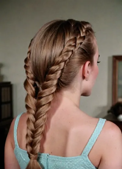 Ultra quality, 1950s style photo, 1950s complex and extravagant braided hair, full body, pubic hair, intricate braided hair, retro, vintage, 8mm, 1960s, <lora:retro vintage 8mm SDXL Lora:.5>