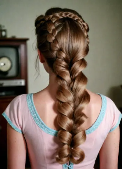 Ultra quality, 1950s style photo, 1950s complex and extravagant braided hair, full body, pubic hair, intricate braided hair, retro, vintage, 8mm, 1960s, <lora:retro vintage 8mm SDXL Lora:.5>