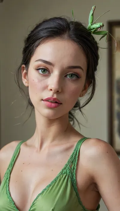 perfect girl, full body, cuerpo completo, ((mantis)), dancing, ((full body)), whit mantis hornes, with mantis antennae, green dress, fully dressed in a beautifull long green classy dress, epic detailed body and skin, small breasts, hair pulled back in one braid, black hair, pink lips, long eyelash extensions, freckles expressive, detailed big green eyes, winks, artistic, makeup, biting, her, lips, shadow, winkes, bit, Mantis1024, 4ng3l, face, <lora:Microwaist_XL_v01:.4>, <lora:668315_training_data:1.4>, <lora:SDXL_BetterFaces-LoRA_v1:.4>