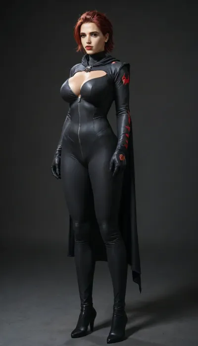 ((((moira from overwatch)))), solo, full dressed, huge breasts, ((((batman outfit)))), no background, Full Body