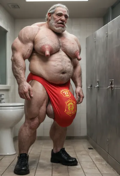 A tall grandpa, big beef grandpa, 80-years-old, beefy gradpa, ugly face, short white hair, full white beard, big white thick mustache, white hairy body, pale skin grandpa, nice body, sexy grandpa, big pecs, (big pecs:1.3), big ass, (big ass:1.5), big tits, (long nipples:1.3), (big bulge:1.4), (old beef ugly:1.7), mature firefighter man, wearing firefighter uniform, muscular, big arms, big nipples, big venous dick coming out of the pants, big hanging balls, hyper hairy pubis visible, big venous dick in erection, firefighter theme, long precum jet, public restroom, detailed picture, full body, only gay