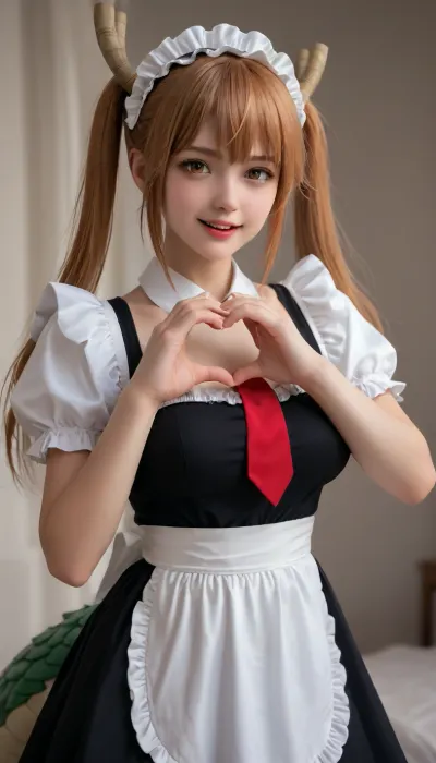masterpiece, perfect face, 1 girl, 18 years old girl, twintails, Tohru from Miss Kobayashi's Dragon Maid, adult, smile, (Realistic X:1.5), (bangs:1.1), maid costume, sexy pose, high detail, (huge breast:1.2), huge butt, open mouth, red tie, shirt, long white grove, dragon tail, heart hands, cowboy shot