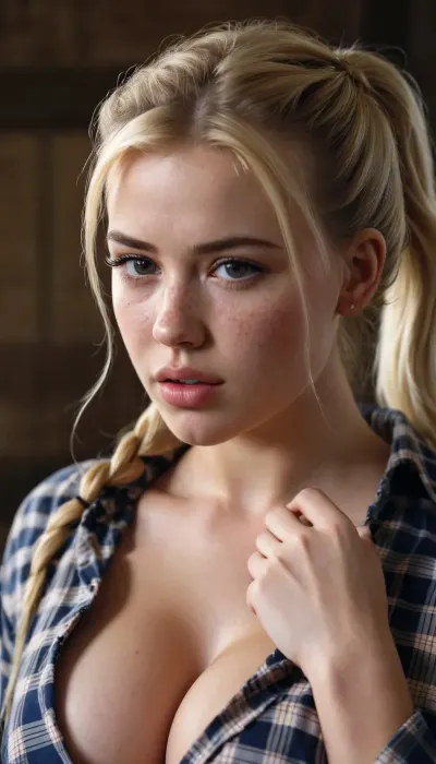 beautiful blonde 18 years old with ponytails woman, lewddungeon, background walls, open plaid shirt, Deep cleavage, realistic breasts, HD, full lips, extreme mouth detail, realistic freckles, detailed skin, realistic skin, High Res, sharp, 4k, masterpiece, Ultra realistic, natural skin tone, high definition, high quality, <lora:weight_slider-LECO-v1:-1>, <lora:age_slider-LECO-v1:-2>, <lora:217309_training_data:.5>, <lora:LowRA:.4>