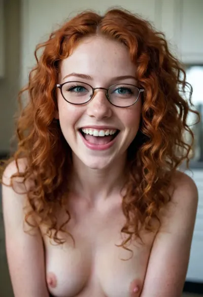 Beautiful 18 years old female, insane quality, red long curly hair, glasses, (perfect eyes), (laughing), (perfect teeth), (perfect fingers), freckles, skinny body, small breasts, view from below, complete naked, shaved pussy, kitchen background, looking at camera