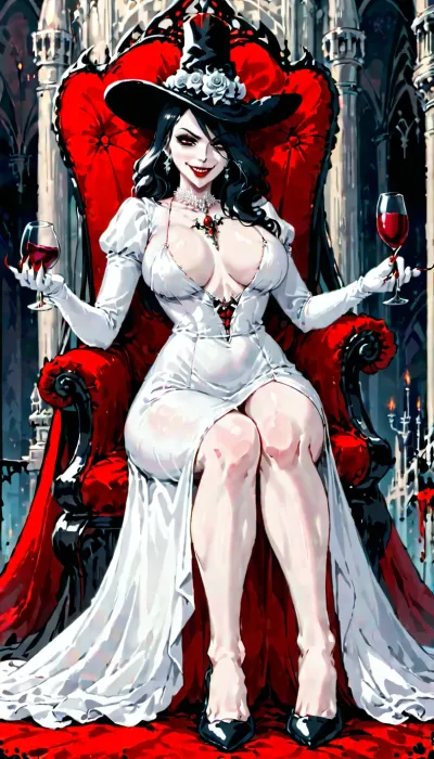 lady dimitrescu, tall mature woman, vampire, elegant white dress, black hat, pale skin, red lips, seductive smile, sharp nails, gothic castle, dominant pose, gloves, femdom vibes, sitting on throne, long legs, wine glass

--add, nsfw, underboob, high slit dress, giantess, face sitting, vampire bite, dark atmosphere, CASDIMI, <lora:CASSANDRA:.5>