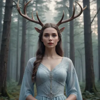 This digital artwork features a majestic women with imposing antlers set against a twilight forest. The use of cool, muted tones and soft light creates a serene, mystical atmosphere. The smooth, stylized trees, suggesting a blend of realism and fantasy. The composition evokes a sense of tranquility and otherworldliness. #©KITTYART



































#©KITTYART