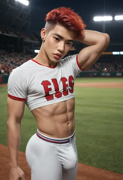 Young small 18-years-old boy, japenese boy, handsome face, skinny body, short red hair, (red hair:1.3), (short hair:1.3), shaved face, hairless body, bottom boy, big lips mouth, (big lips:1.2), (big bulge:1.2), nice round butt, (big ass:1.3), sexy asian guy, (asian haircut:1.3), wearing extremely low tight lycra short, baseball crop-top, long white sport socks, (dark blue, red and white coclors outfits), standing proudly in baseball staduim, stadium, night, hands in hair, sexy boy, teasing boy, gay scene only, only gays, solo picture, front view