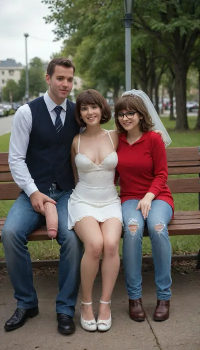 masterpiece, award winning photo, high detail, realistic, best quality, in this photo we see 3 people, 2woman and 1man, sitting on a bench in a park. 1woman is tiny Velma, brunette, big tits, very torn school uniform, very short skirt. 2woman is a bride, blonde, huge tits, very torn wedding dress. 1man is casual dressed, open jeans, huge cock out, massive cock, gigantic cock, (massive cock:1.3), .
Man is sitting between tiny Velma and Elsa. tiny Velma has her hand on cock, cum on hand, cum on legs, cum on clothes, lots of cum, cum on breasts, extreme cum play, cum on thigh, cum on hair, cum on face, cum dump, excessive cum, huge creampie.
Elsa is hugging man. full body view, man is full in frame, <lora:tornclothesv6-8:.8>