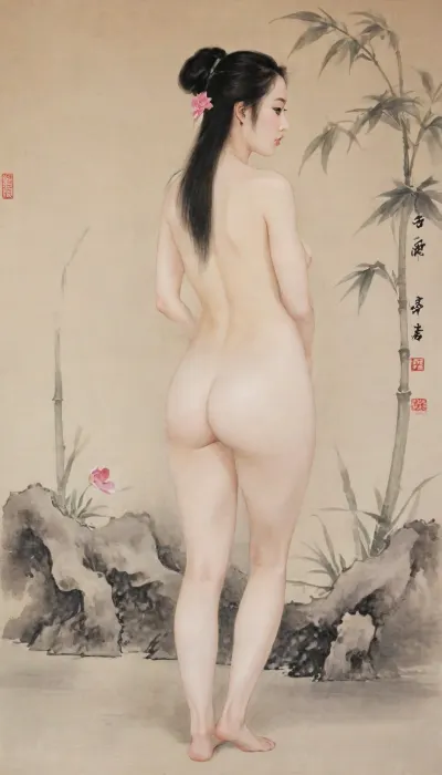 1girl, ancient Chinese female, (nude:1.5), (traditional Chinese gongbi painting style:1.3), (Chinese guohua style:1.2), delicate and intricate details, (elegant pose:1.2), back view, standing gracefully, (dense thick pubic hair, embarrassed, shameful expression:1.4), (long flowing black hair:1.2), (pale smooth skin:1.2), (subtle ink wash shading:1.3), (fine brushwork:1.3), (traditional Chinese art aesthetic:1.2), (minimalist background:1.2), (bamboo and orchid motifs:1.1), (soft muted colors:1.2), (calligraphic elegance:1.1), highres, ultra-detailed, 8k wallpaper, (realistic proportions:1.2), (solo:1.2), lora, (gongbiPainting:.8), (ancientChineseFemale:.6), hanfu, MOGUHUANIAO, <lora:Chinese painting_shinvhua_国画_仕女_V1.0XL:1.9>, <lora:mogu-painting-花鸟篇-sdxl_v1:1.9>