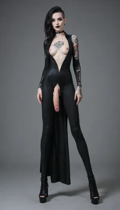 Goth, goth Futanari, (full body visible, legs apart, do the splits), (pale skin:1.8), (body type is fit:1.7), narrow face, cute face, (smiling), thin neck, (undercut hairstyle), black hair, medium cock, (The futanari has a veiny erect cock), two legs, (long legs:1.6), (medium tits), (small areolas and very dark areolas), ((Arms tattoo)), pubis tattoo, chest tattoo, (((nylon Bodysuit))), black choker, goth make-up, black lipstick